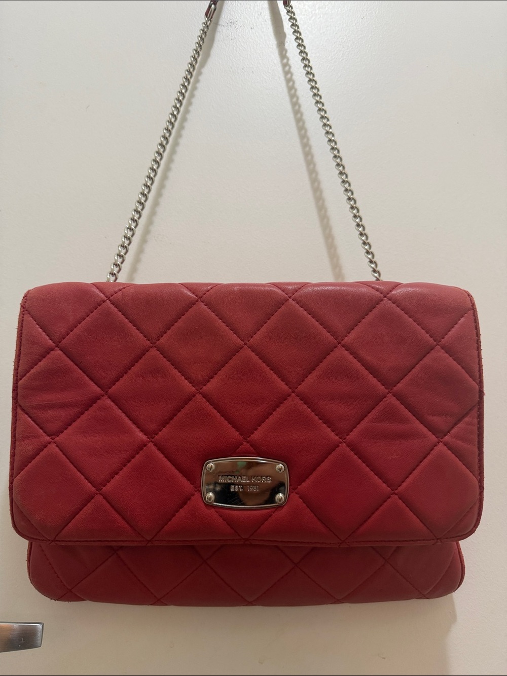 Michael Kors Quilted Crimson Shoulder Bag with Silver Chain